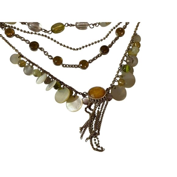 Gold Tone Amber & Green Mother Of Pearl Shell Layered Ribbon Necklace Versona - Picture 2 of 5